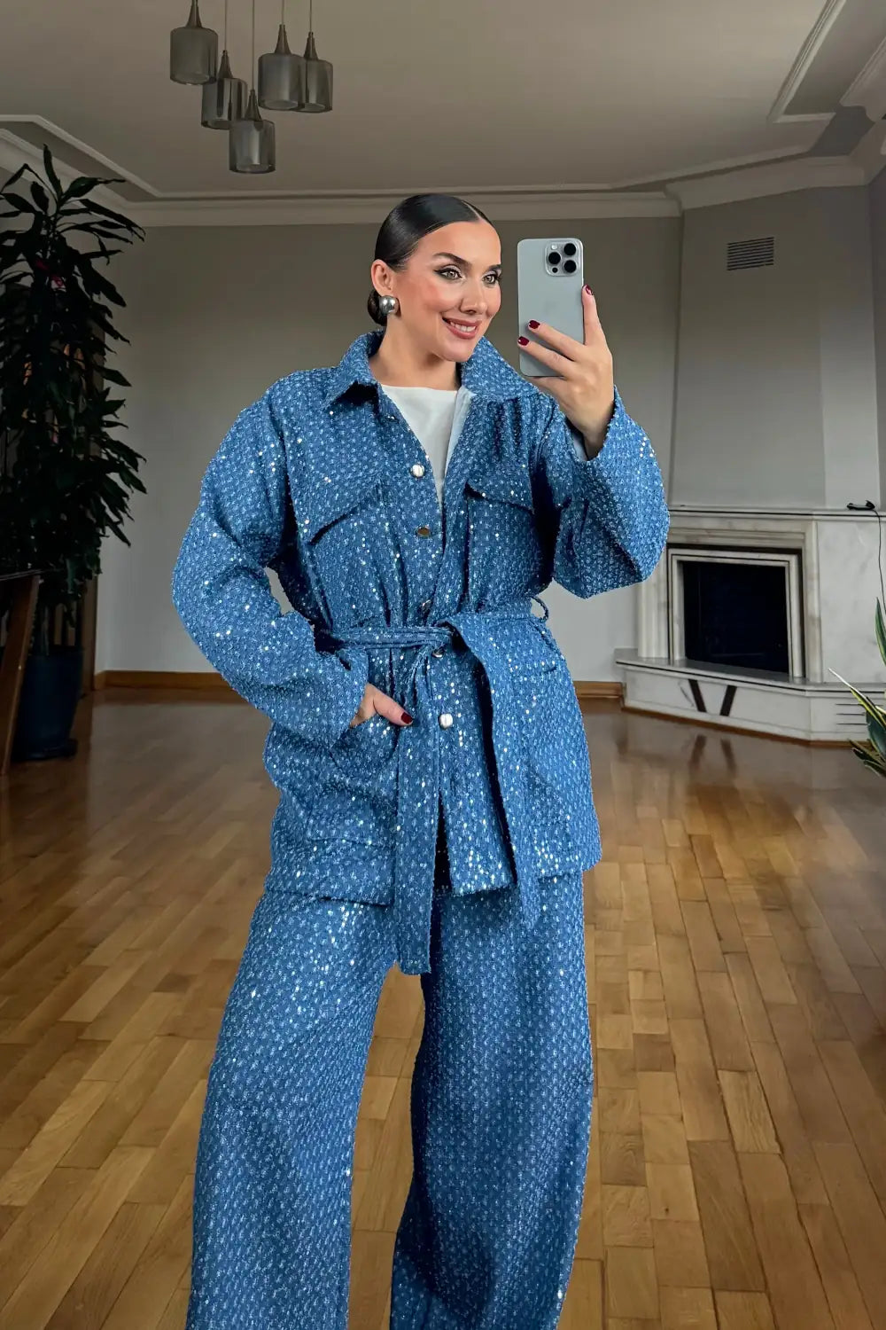 Blue sequin detail denim jacket and trouser two-piece set – closer front