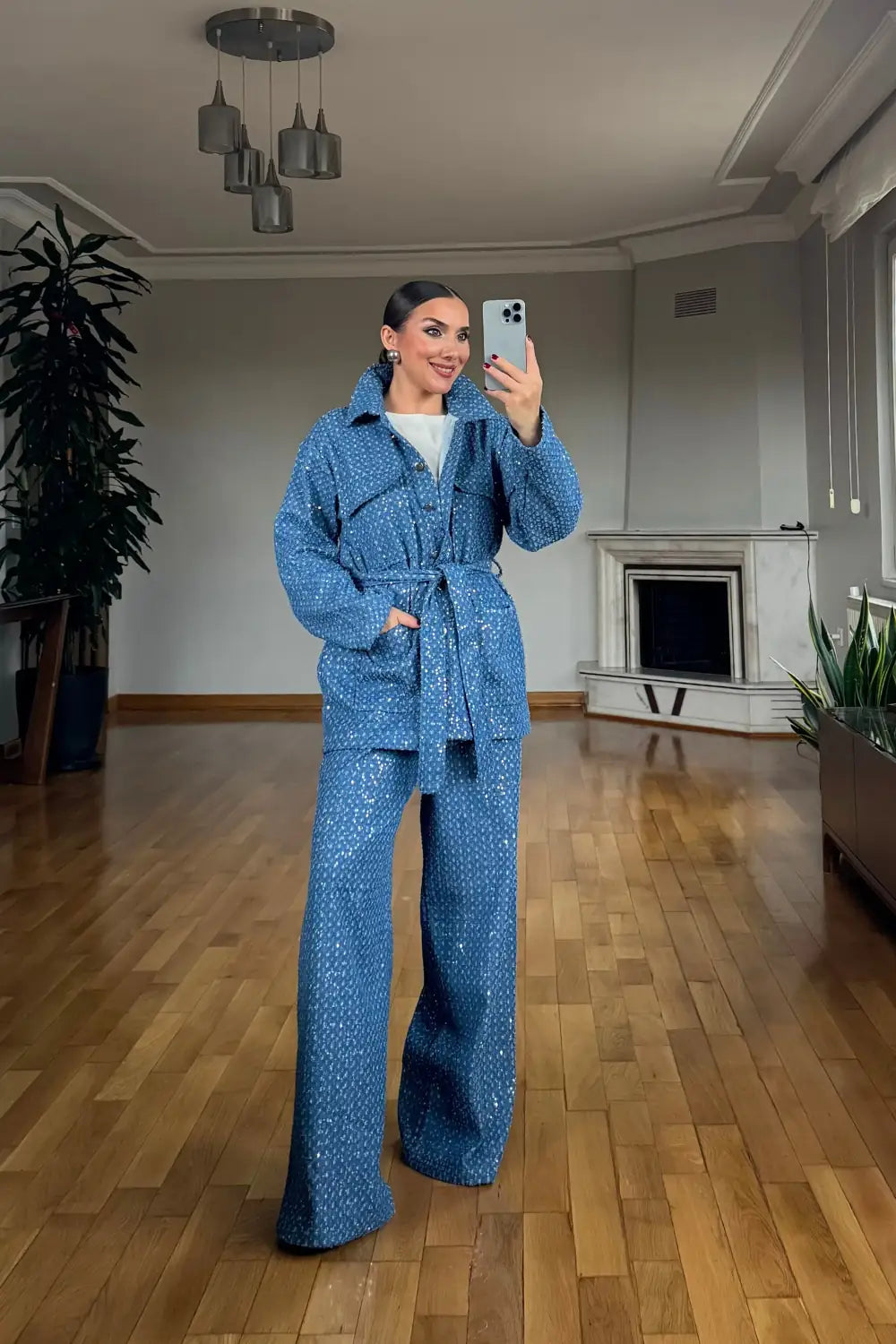 Blue sequin detail denim jacket and trouser two-piece set – front standing