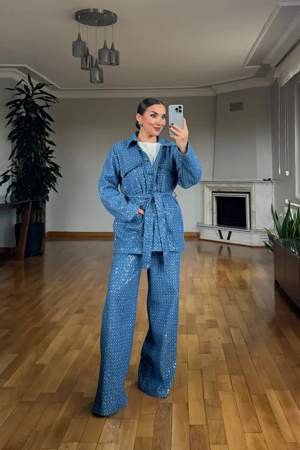 Blue sequin detail denim jacket and trouser two-piece set – full front