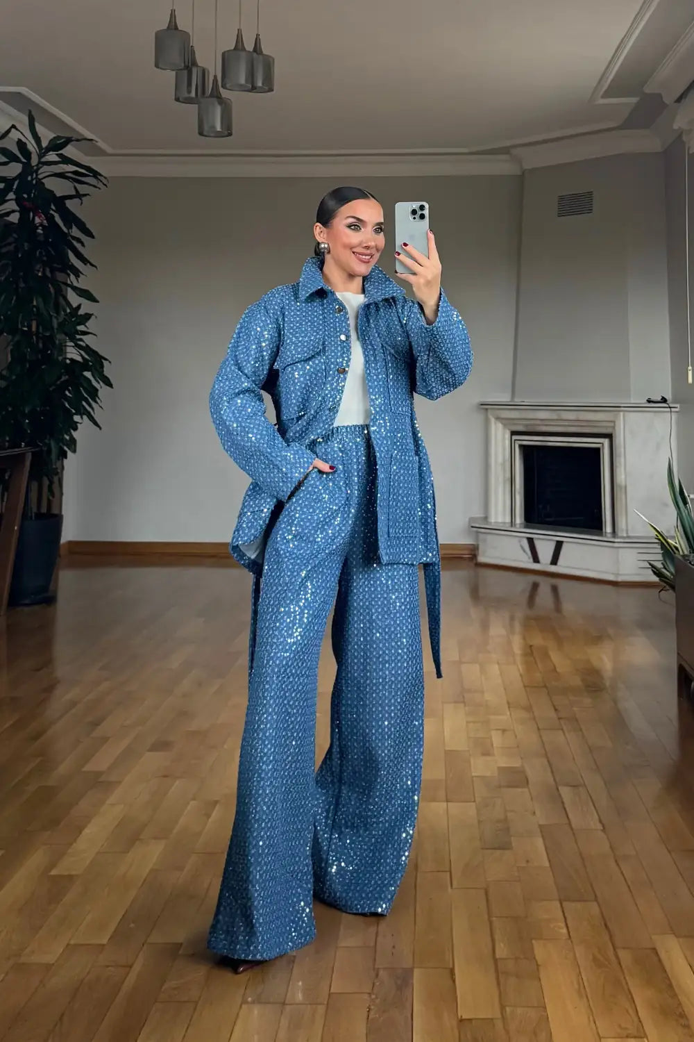Blue sequin detail denim jacket and trouser two-piece set – open jacket
