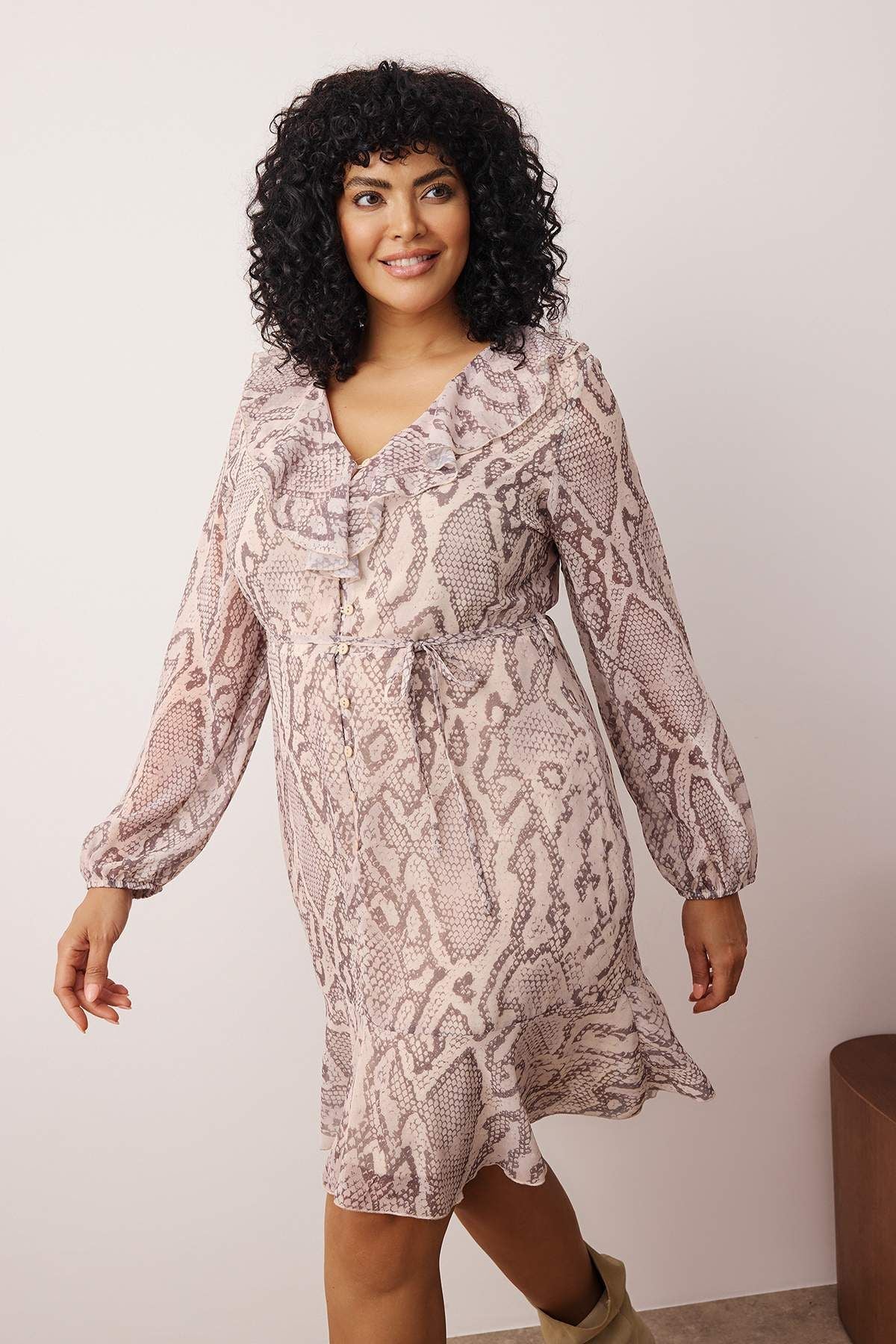 Curve Multi-Color Chiffon Snake Print Mini Drawstring Waist Woven Plus Size Dress