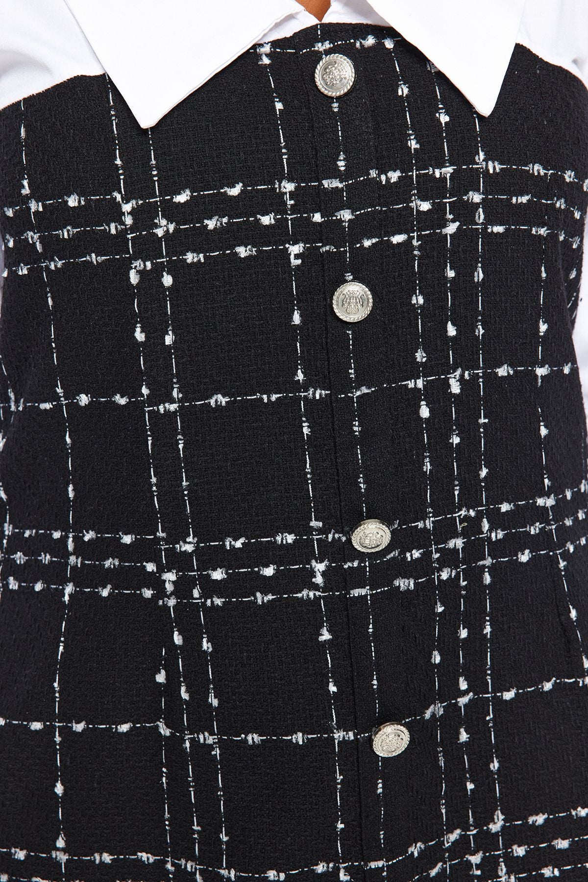 Curve Black and White Shirt Collar A-Line Mini Buttoned Tweed Plus Size Dress