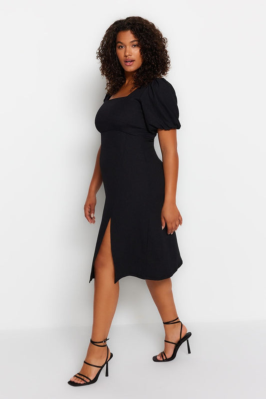 Curve Black Balloon Sleeve Square Neck Slit A-Line Plus Size Knit Dress