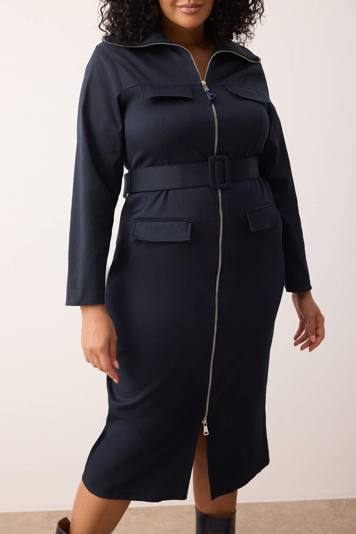 Curve Navy Full Zip Belted Gabardine Woven Plus Size Dress