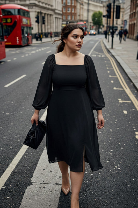 Plus Size Square Neck Slit A-Line Midi Chiffon Dress
