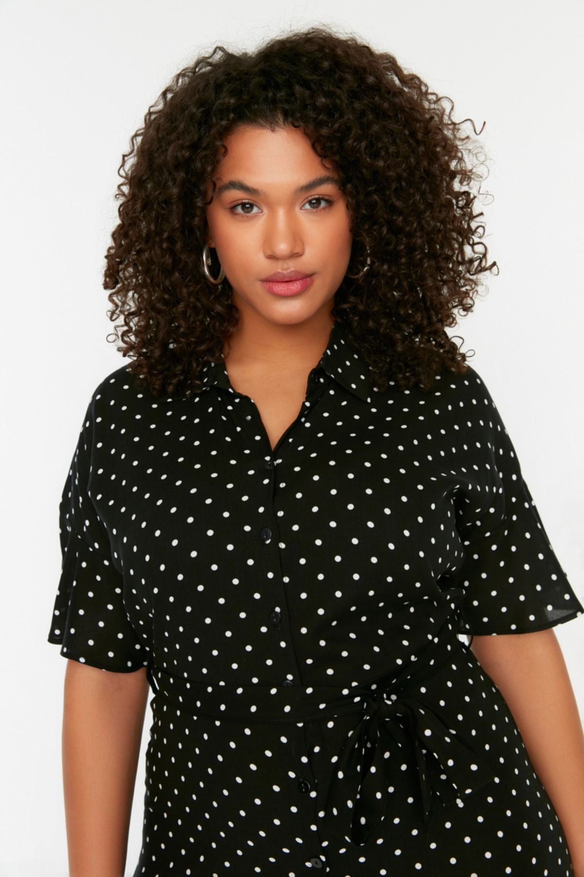 Curve Black Polka Dot Belted Midi Woven Plus Size Dress
