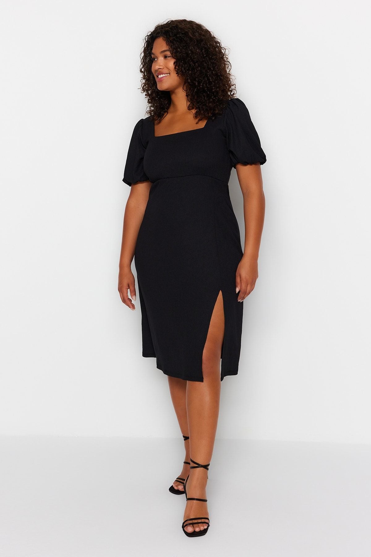 Curve Black Balloon Sleeve Square Neck Slit A-Line Plus Size Knit Dress