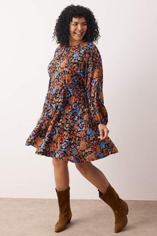 Plus Size Multi-Color Floral Belted Ruffle Viscose Woven Dress