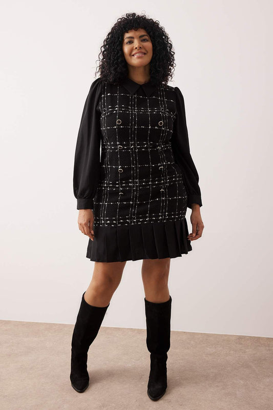 Black Plaid Tweed Mini Plus Size Dress
