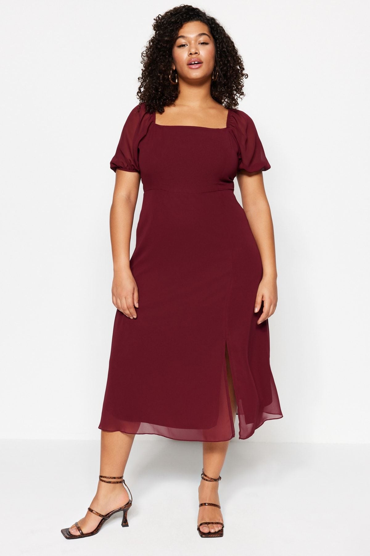 Curve Burgundy Woven Slit Dress