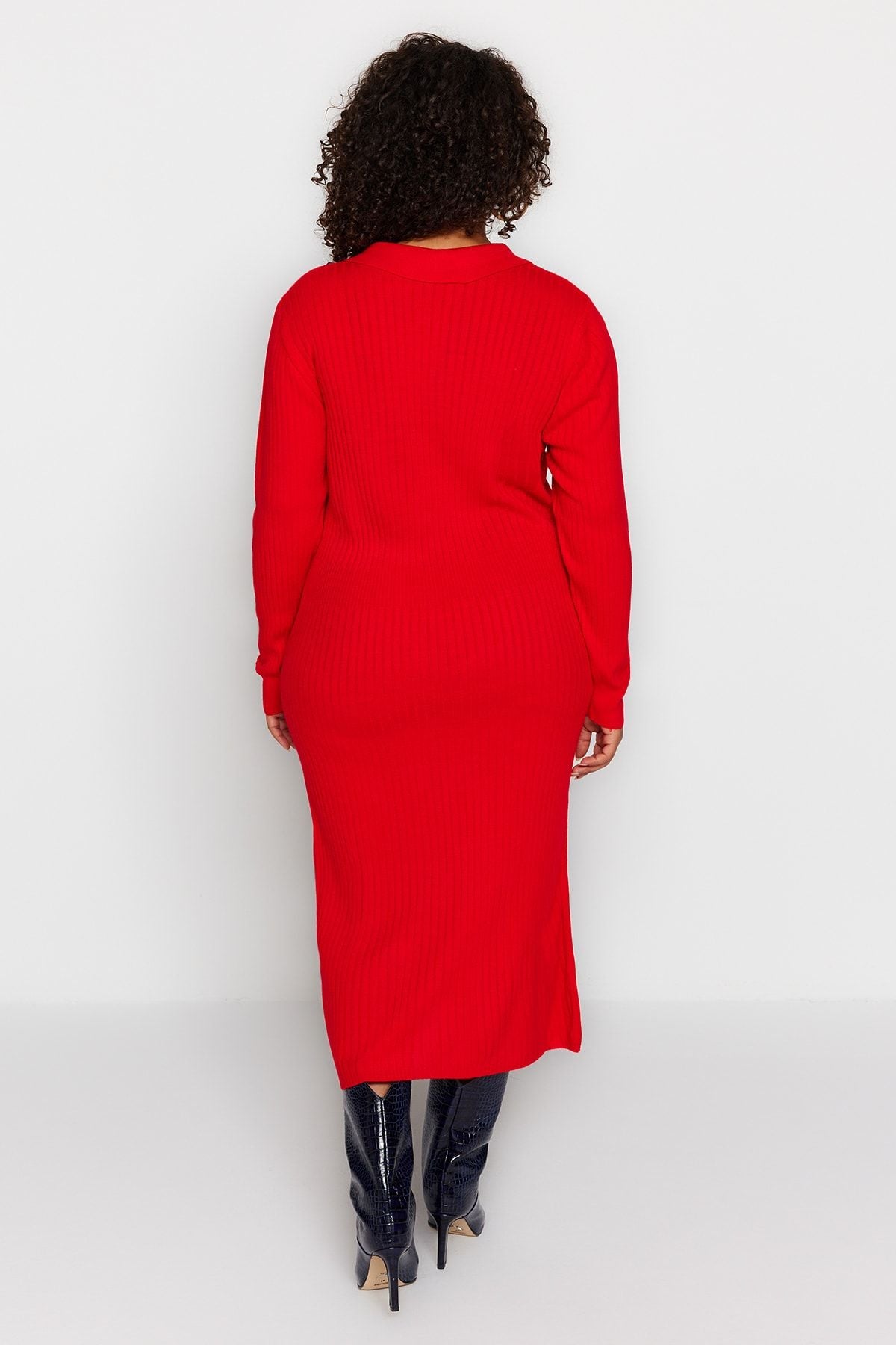 Curve Red Polo Neck Ribbed Knit Plus Size Dress