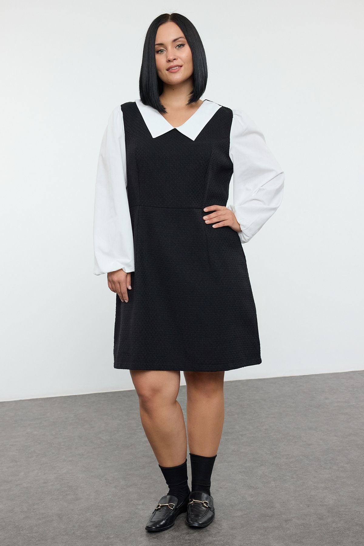 Curve Black Shirt Collar Tweed Weave Plus Size Dress
