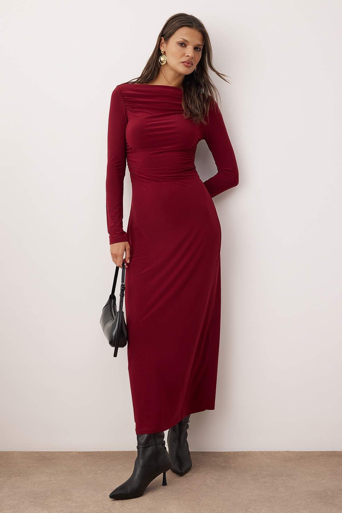 Black Ruched Asymmetrical Hem Boat Neck Stretchy Midi Knit Dress
