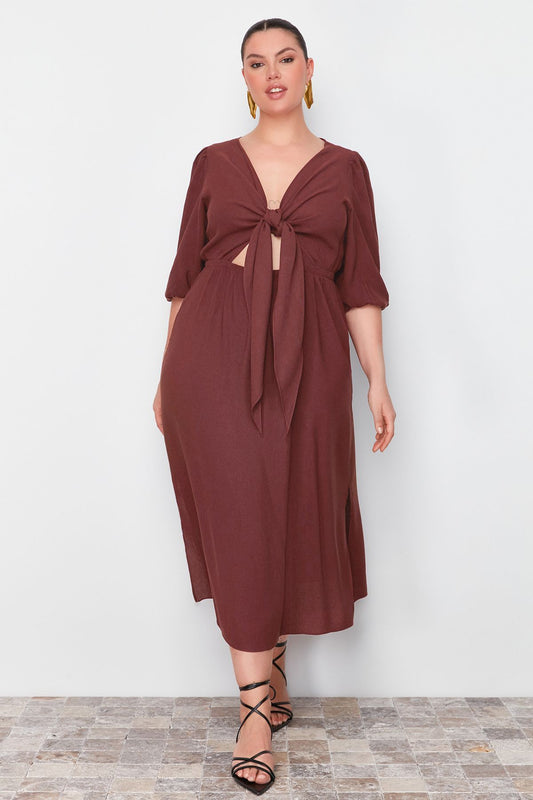 Curve Brown A-line Summer Midi Woven Plus Size Dress