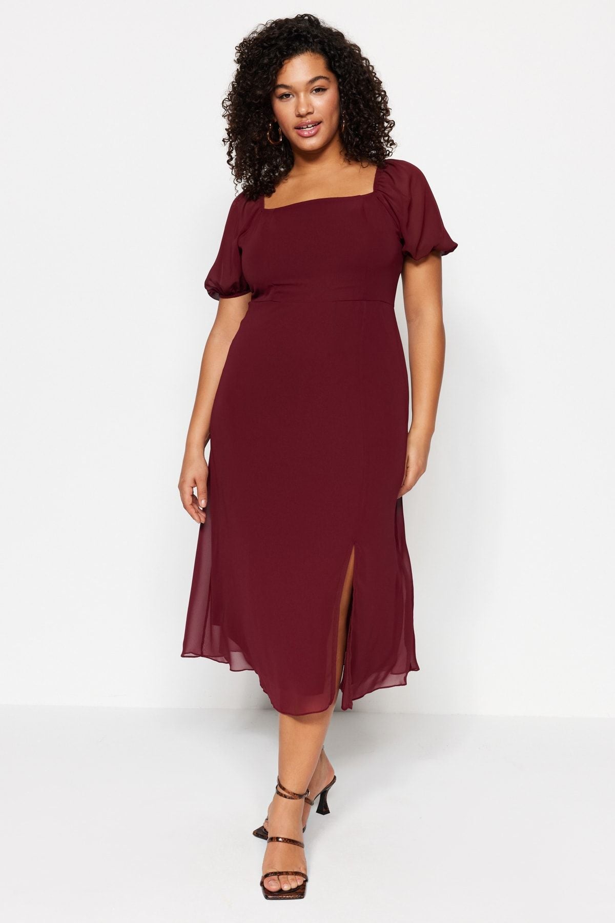 Curve Burgundy Woven Slit Dress
