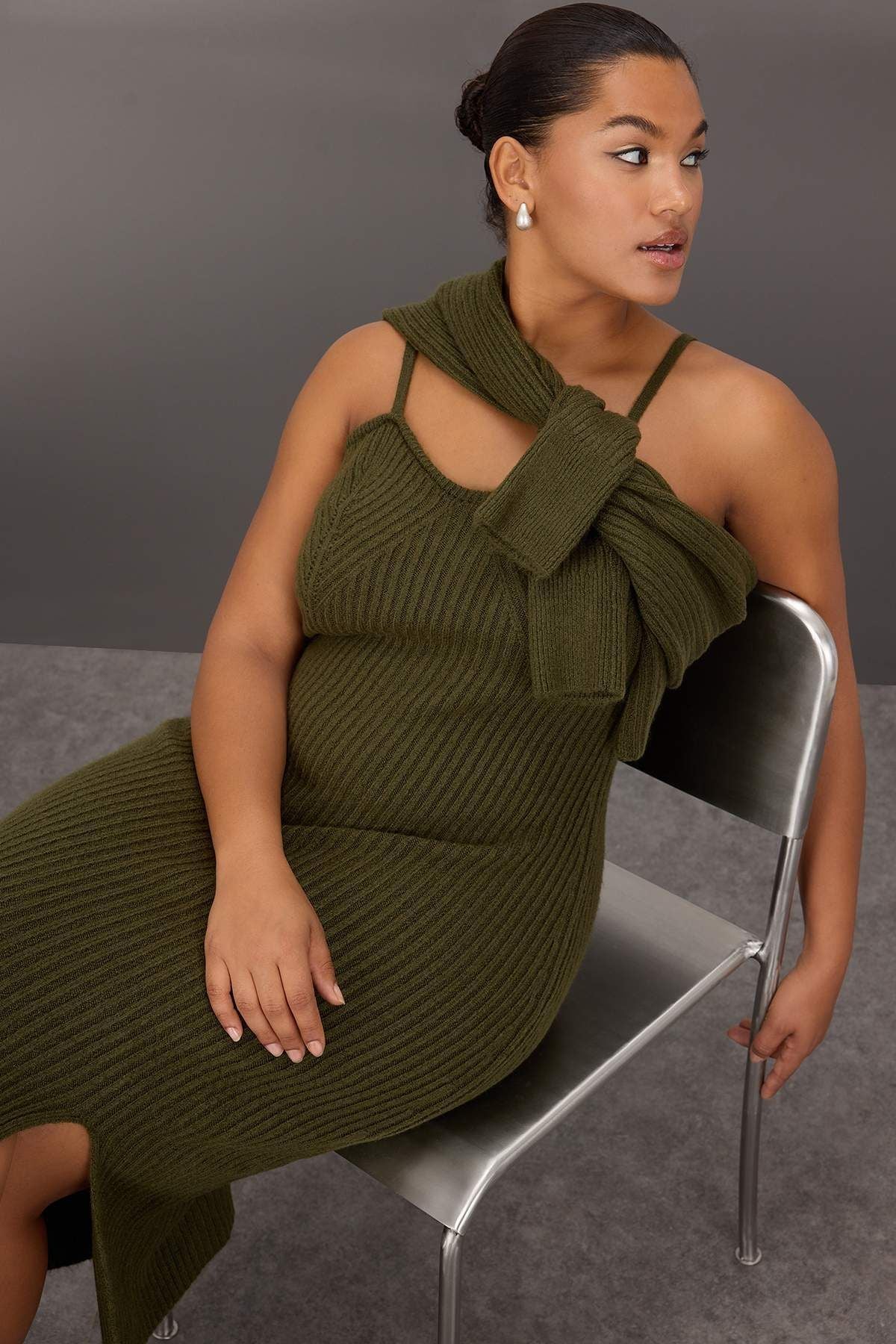 Curve Ribbed Slit Midi Knit Dress & Bolero Set