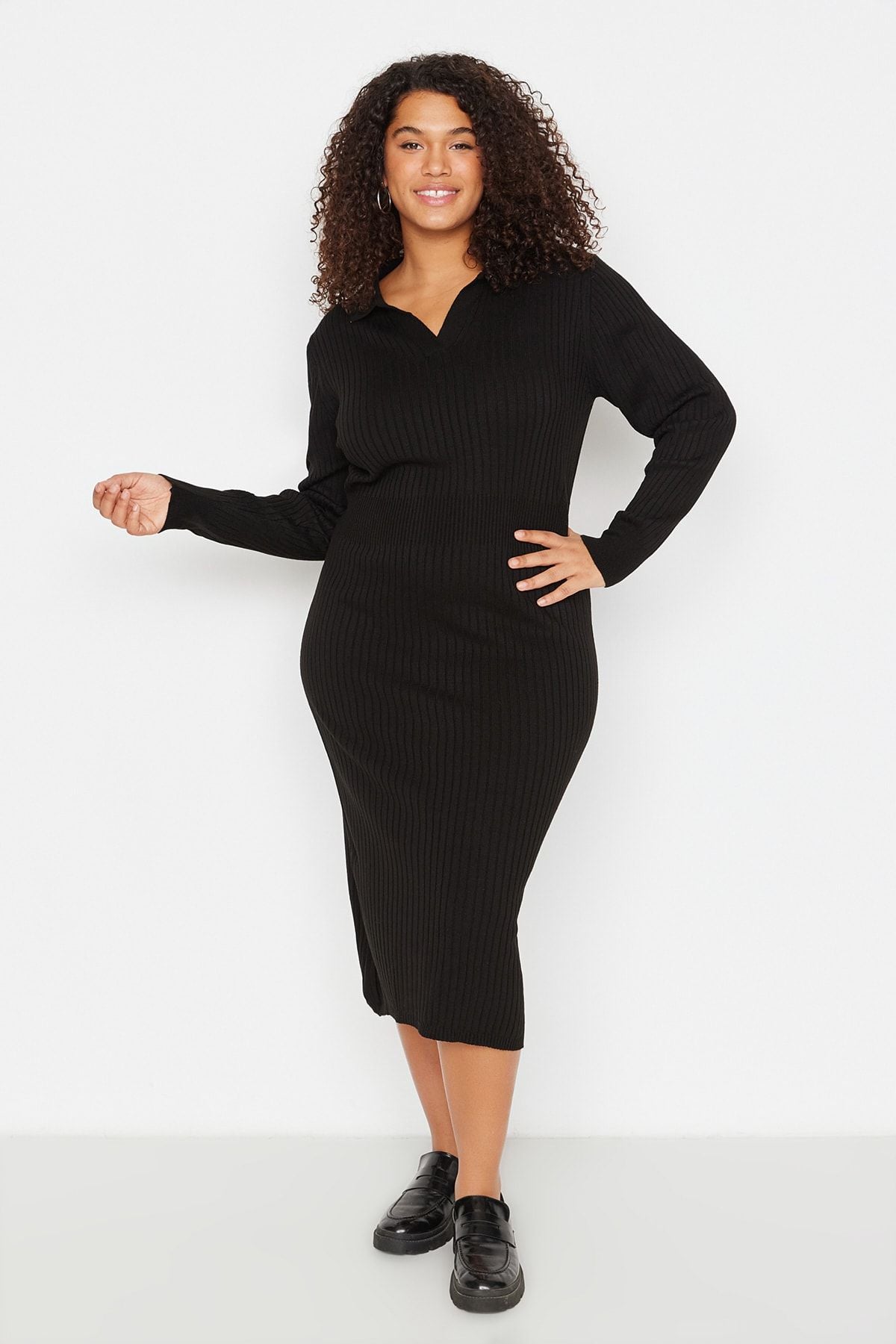 Curve Black Polo Neck Ribbed Knit Plus Size Dress