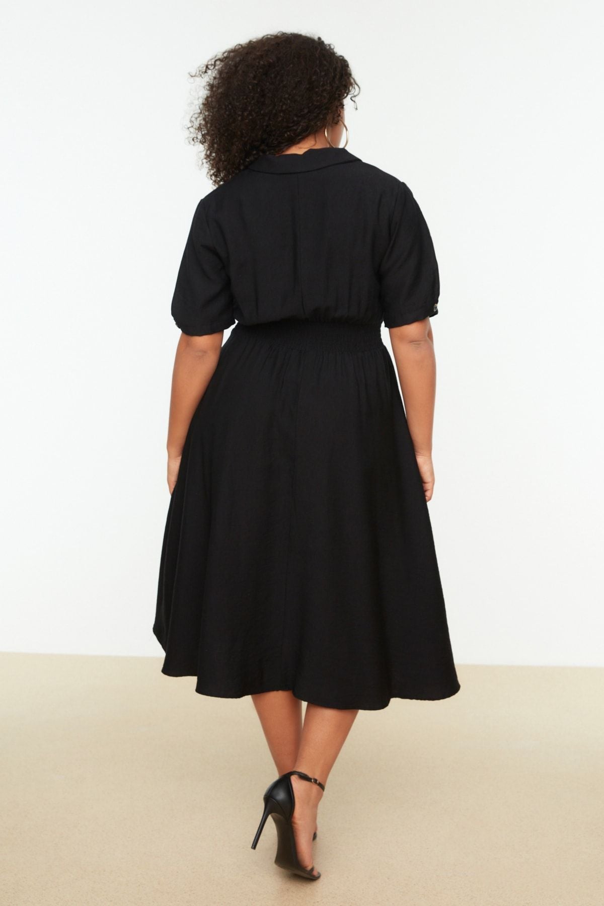 Curve Black Gipe and Button Detail Midi Woven Plus Size Dress
