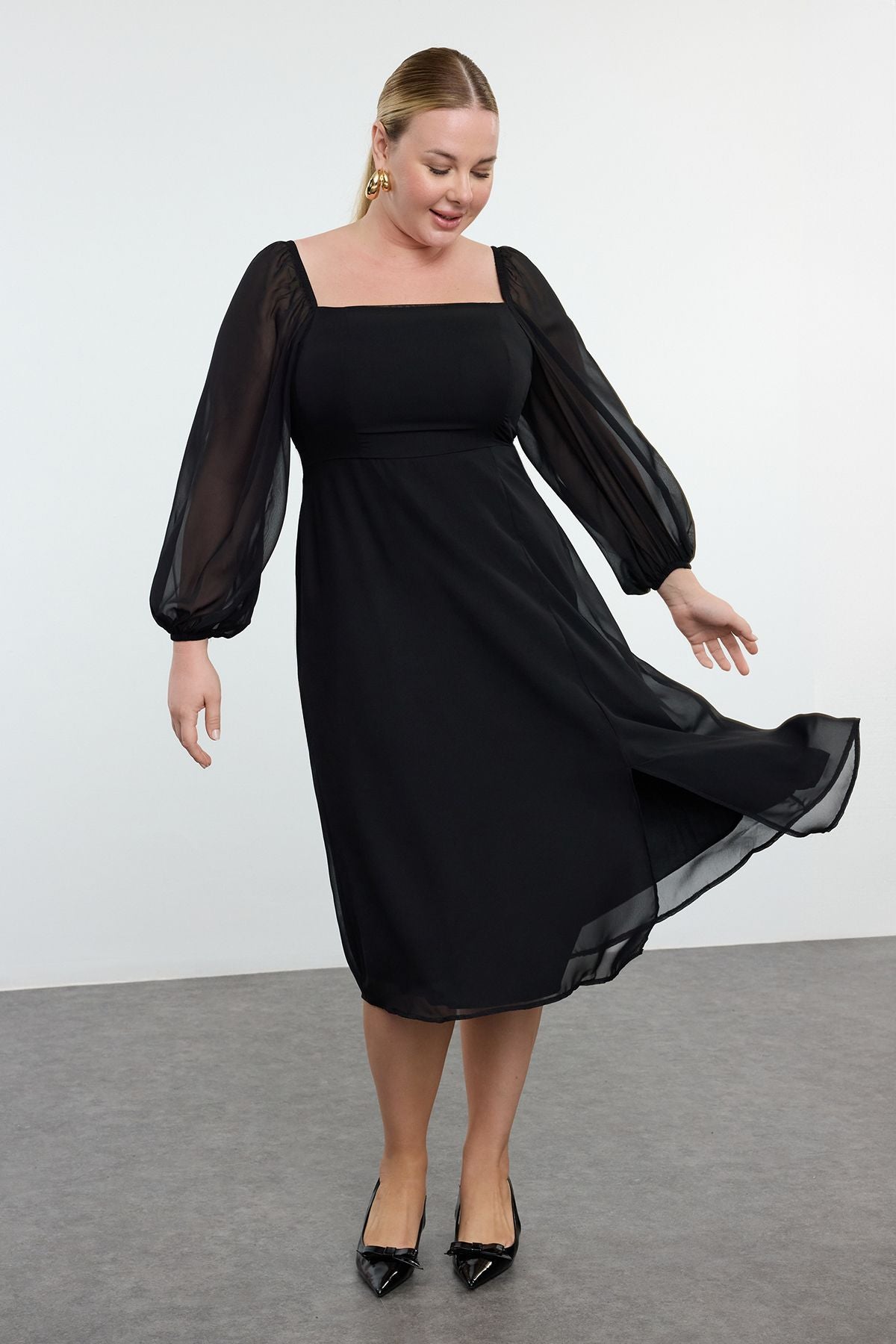 Plus Size Square Neck Slit A-Line Midi Chiffon Dress