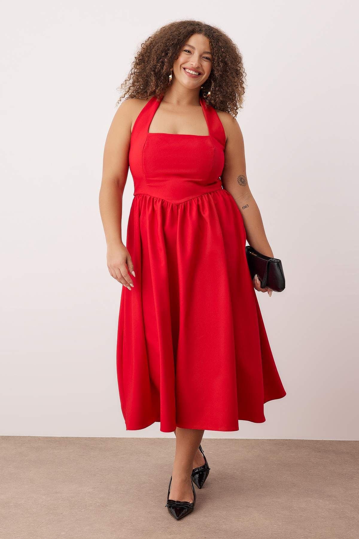 Red Square Neck Skater Midi Plus Size Dress