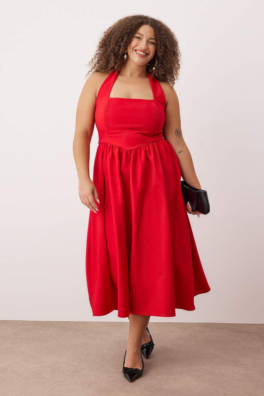 Red Square Neck Skater Midi Plus Size Dress