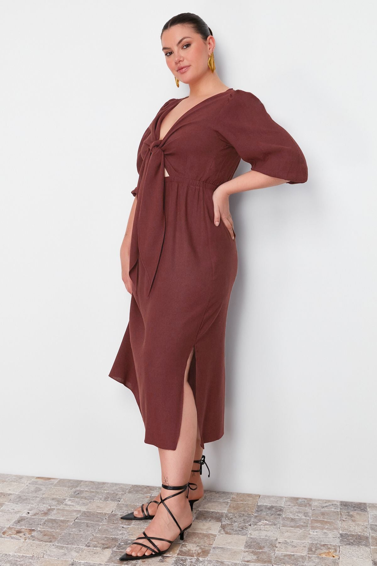 Curve Brown A-line Summer Midi Woven Plus Size Dress