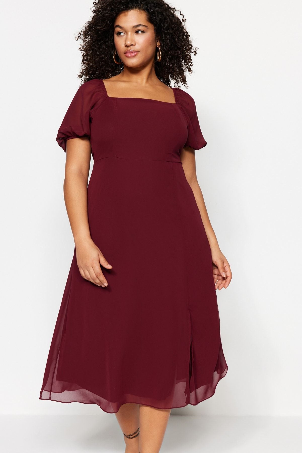 Curve Burgundy Woven Slit Dress