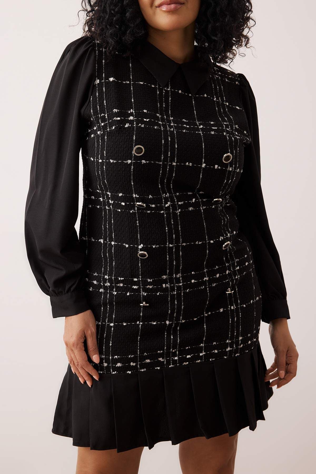 Black Plaid Tweed Mini Plus Size Dress
