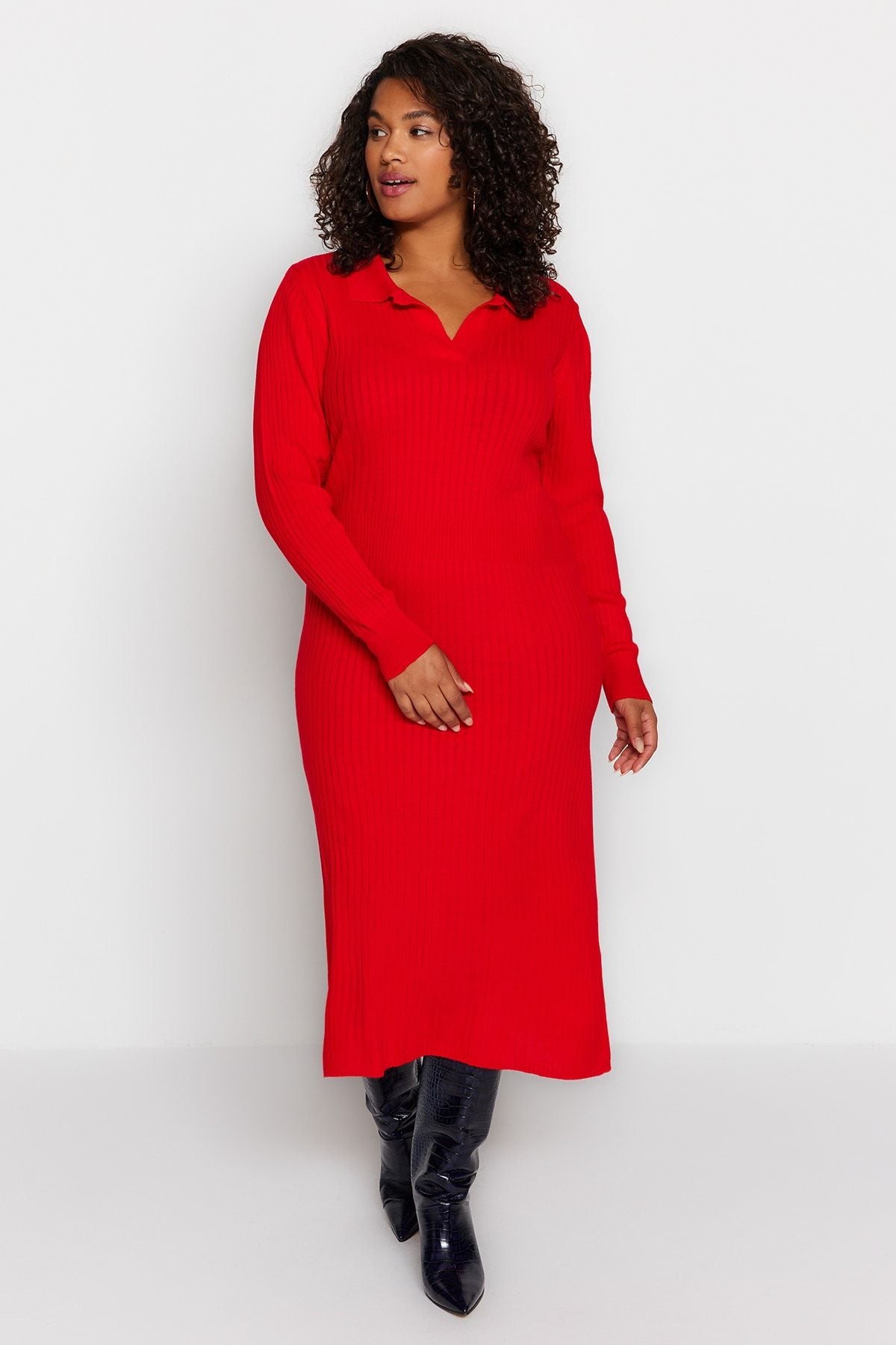 Curve Red Polo Neck Ribbed Knit Plus Size Dress
