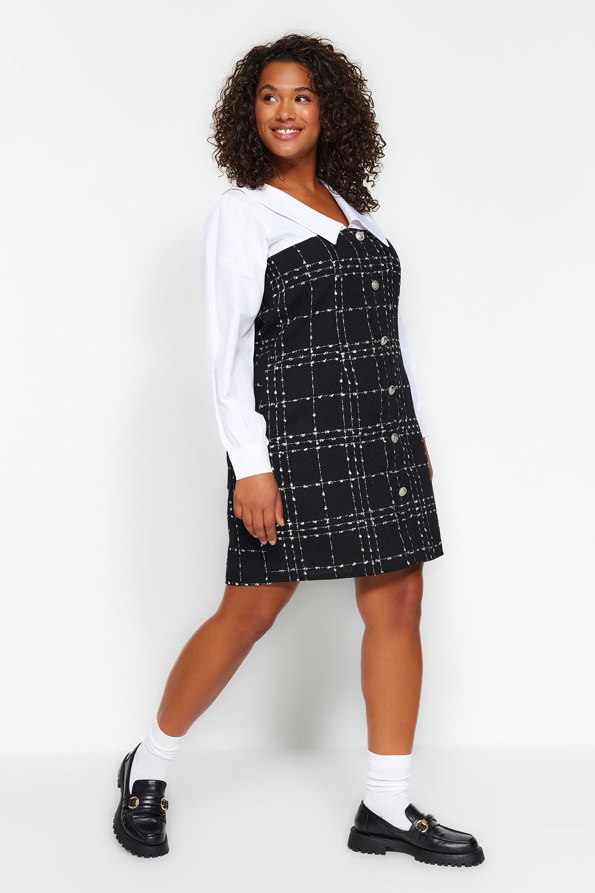 Curve Black and White Shirt Collar A-Line Mini Buttoned Tweed Plus Size Dress