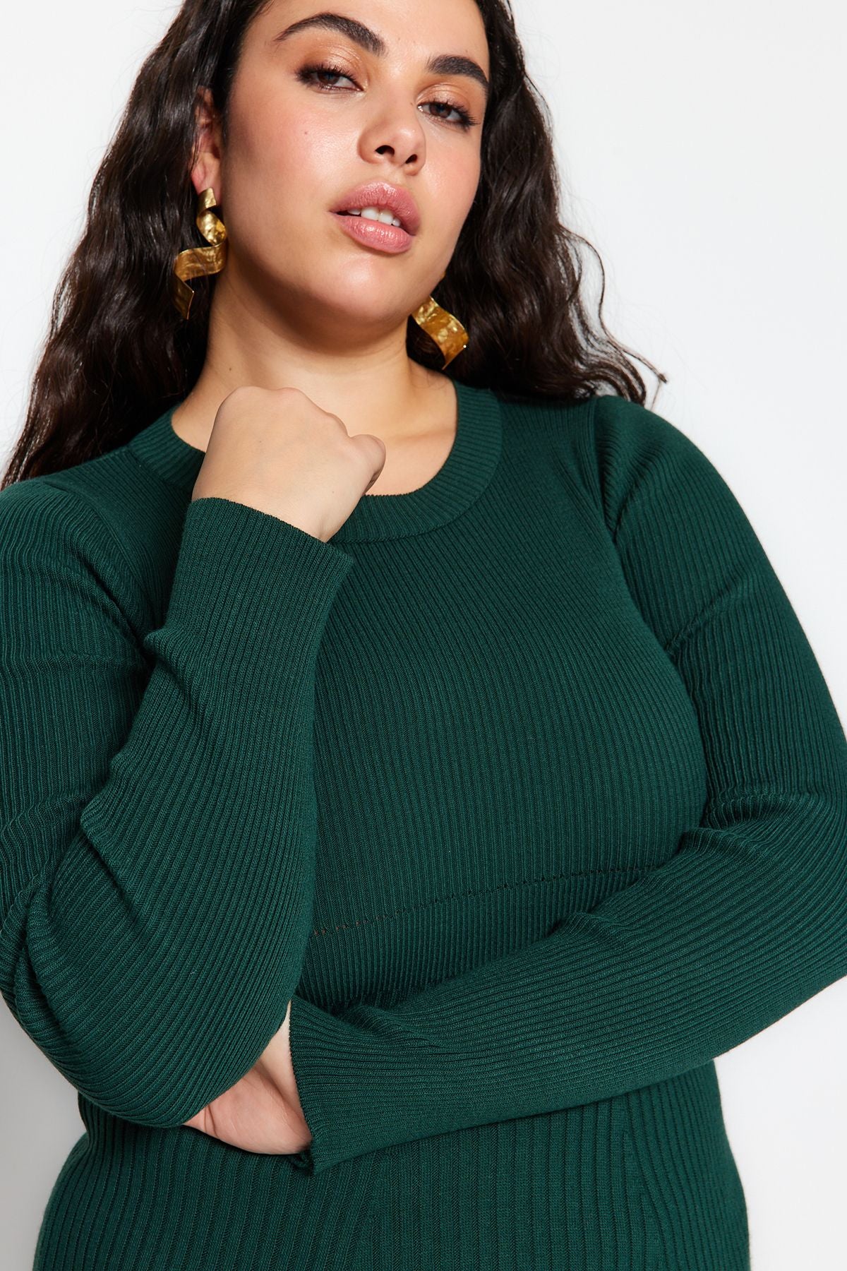Curve Emerald Green Ribbed Crew Neck Midi Knit Plus Size Dress