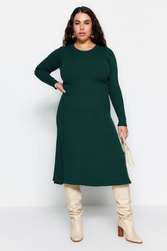 Curve Emerald Green Ribbed Crew Neck Midi Knit Plus Size Dress