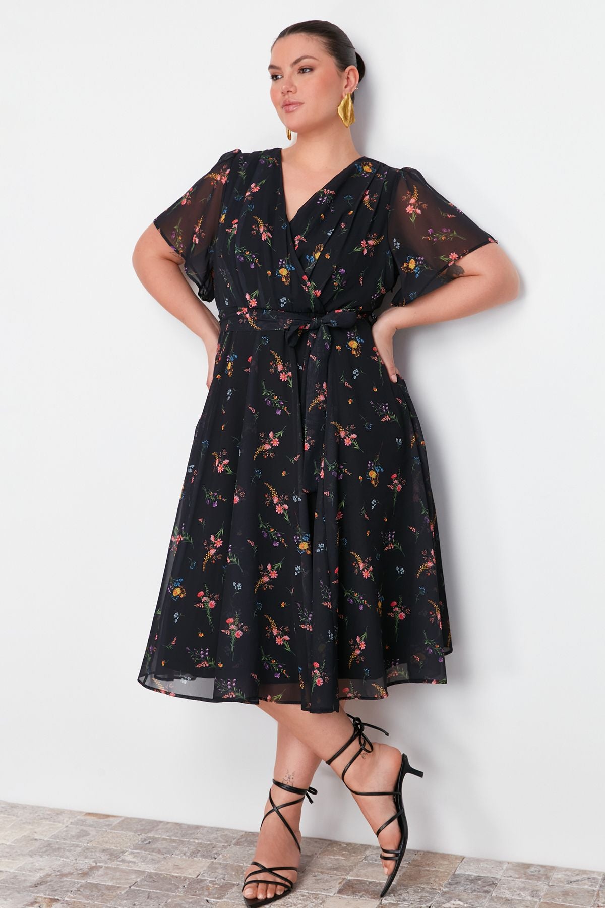 Curve Multicolor Floral Chiffon Wrap Woven Dress