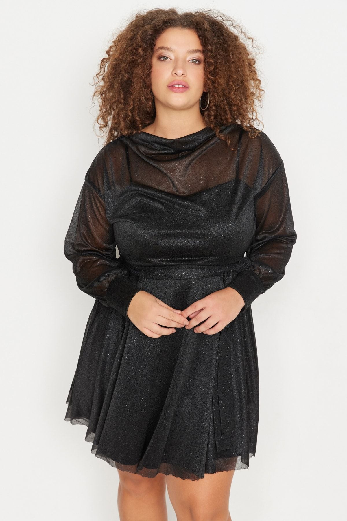 Curve Black Cut-Out Sequin Mini Knit Plus Size Dress