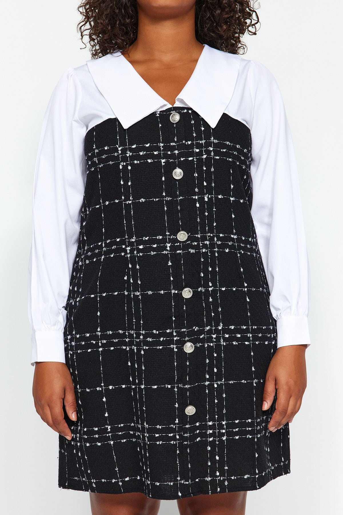 Curve Black and White Shirt Collar A-Line Mini Buttoned Tweed Plus Size Dress