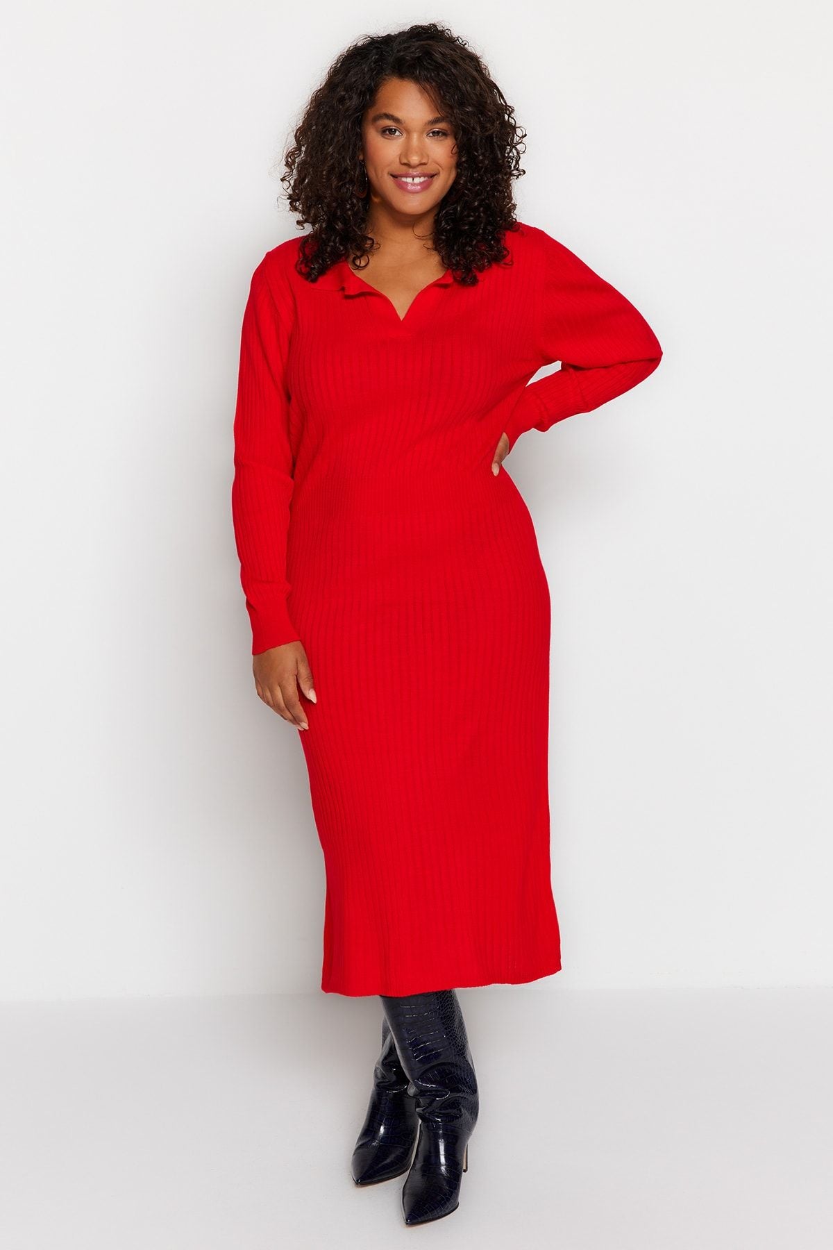 Curve Red Polo Neck Ribbed Knit Plus Size Dress