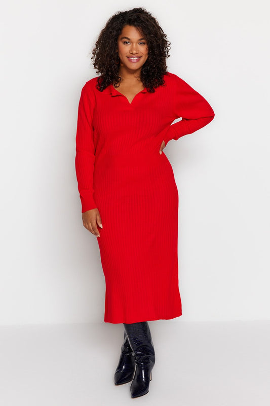 Curve Red Polo Neck Ribbed Knit Plus Size Dress