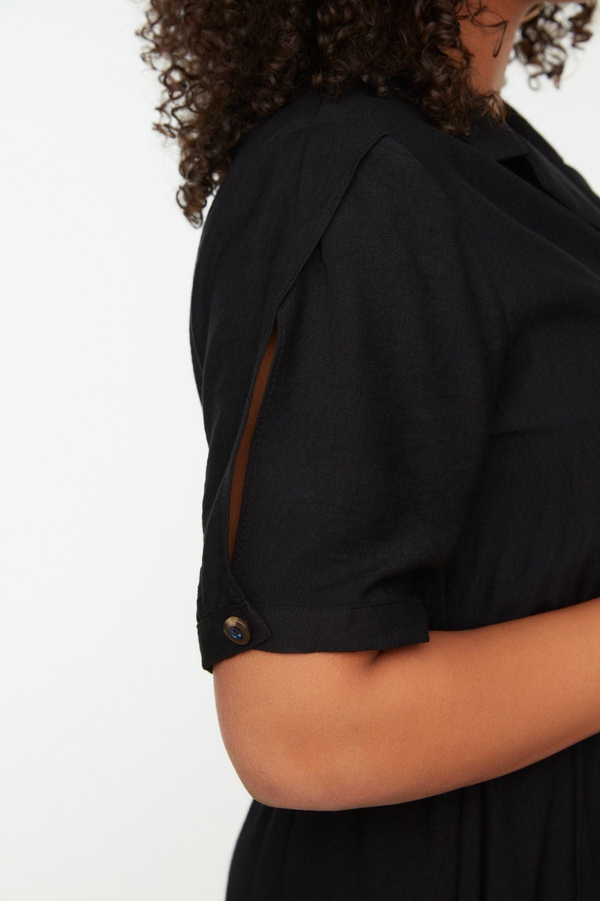 Curve Black Gipe and Button Detail Midi Woven Plus Size Dress