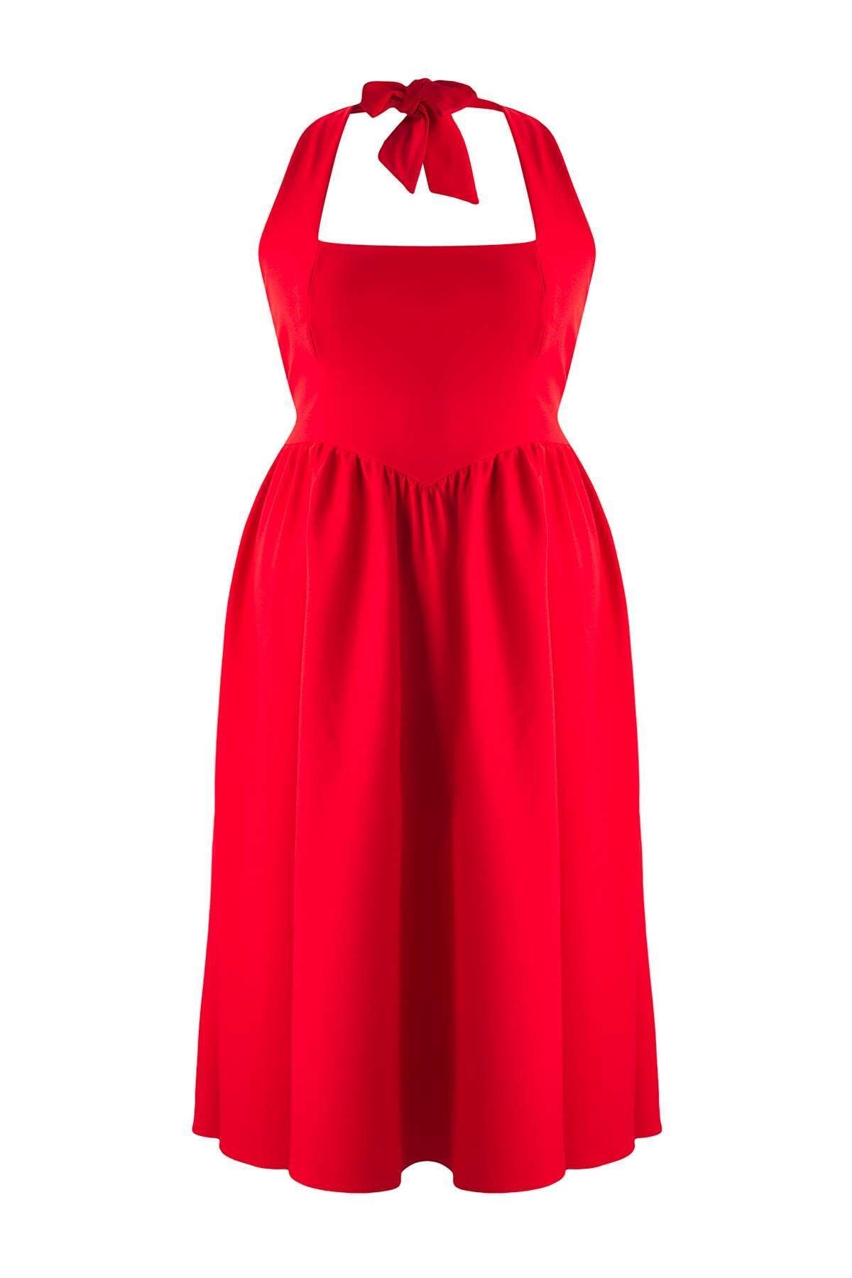 Red Square Neck Skater Midi Plus Size Dress