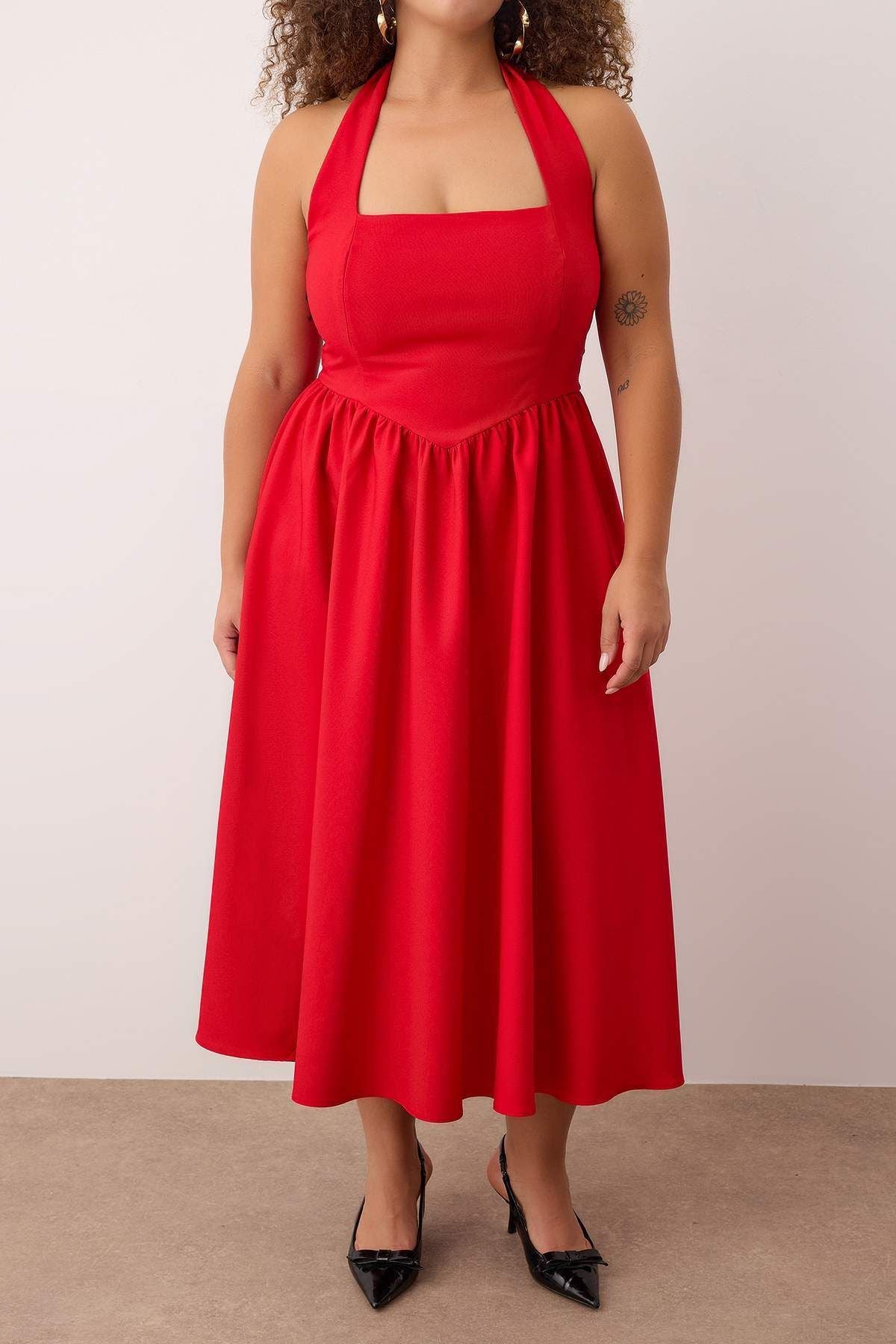 Red Square Neck Skater Midi Plus Size Dress