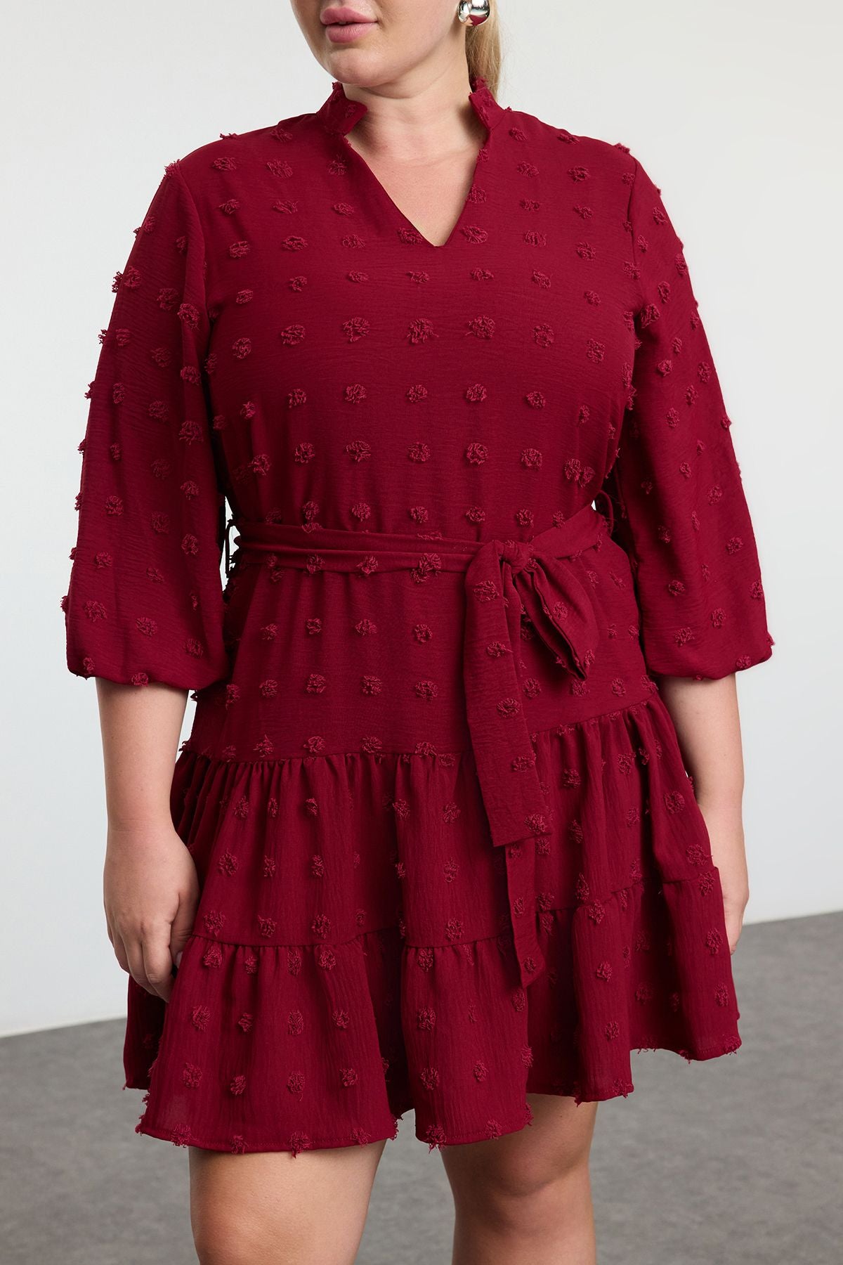 Curve Burgundy V-Neck Balloon Sleeve Belted Pom-Pom Woven Mini Plus Size Dress