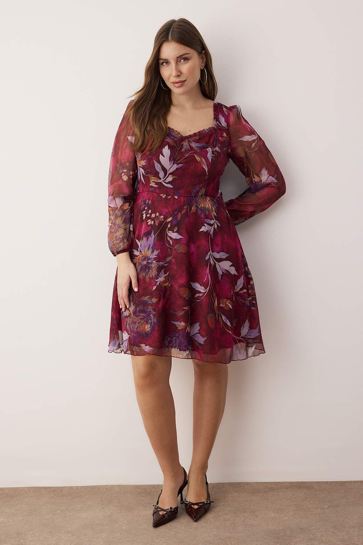 Burgundy Multi-Color Chiffon Mini Woven Plus Size Dress