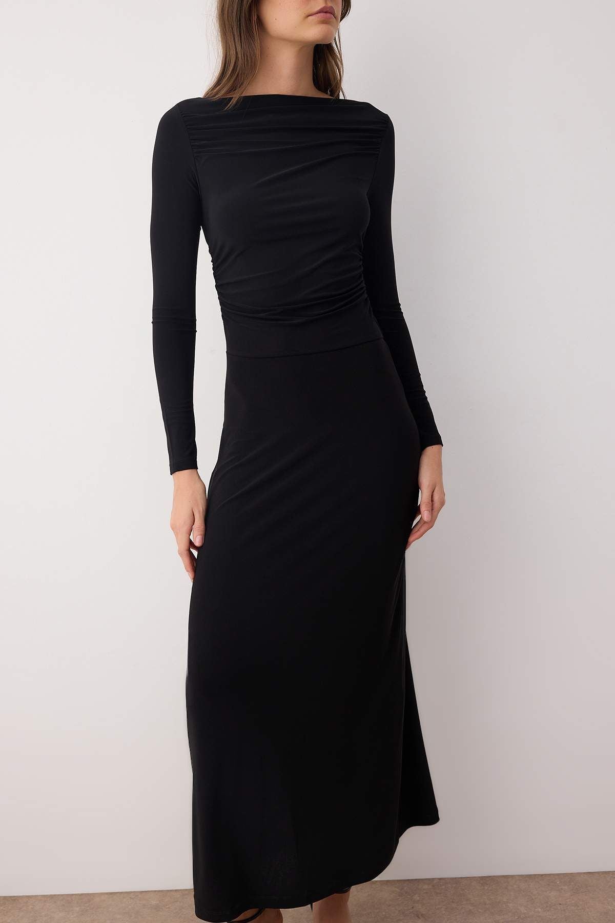Black Ruched Asymmetrical Hem Boat Neck Stretchy Midi Knit Dress