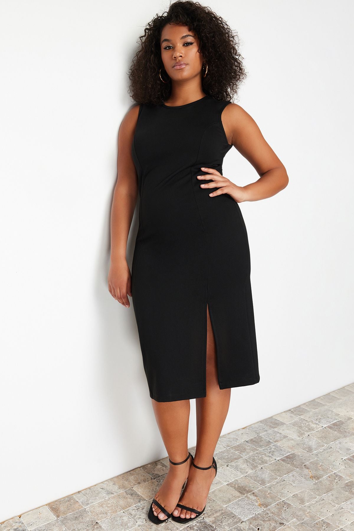 Curve Black Slit Detail Midi 100% Cotton Knitted Plus Size Dress