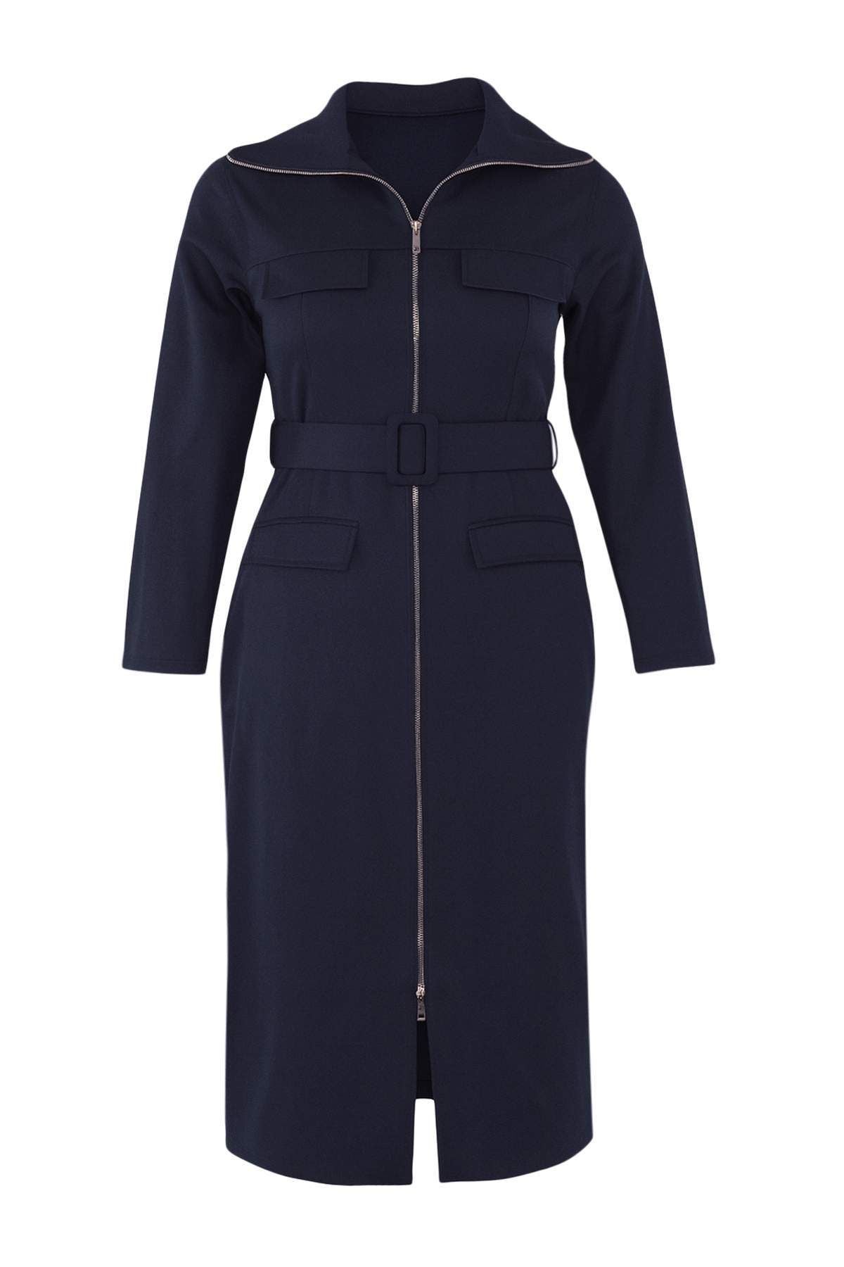 Curve Navy Full Zip Belted Gabardine Woven Plus Size Dress