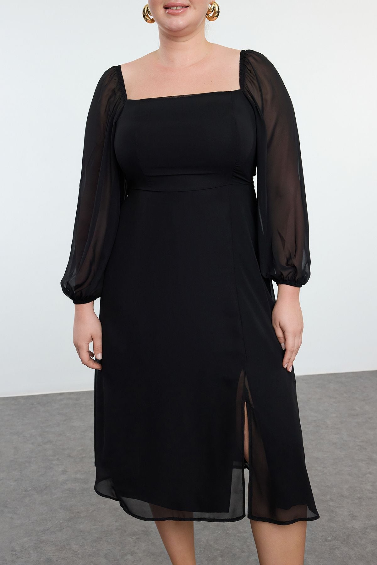 Plus Size Square Neck Slit A-Line Midi Chiffon Dress