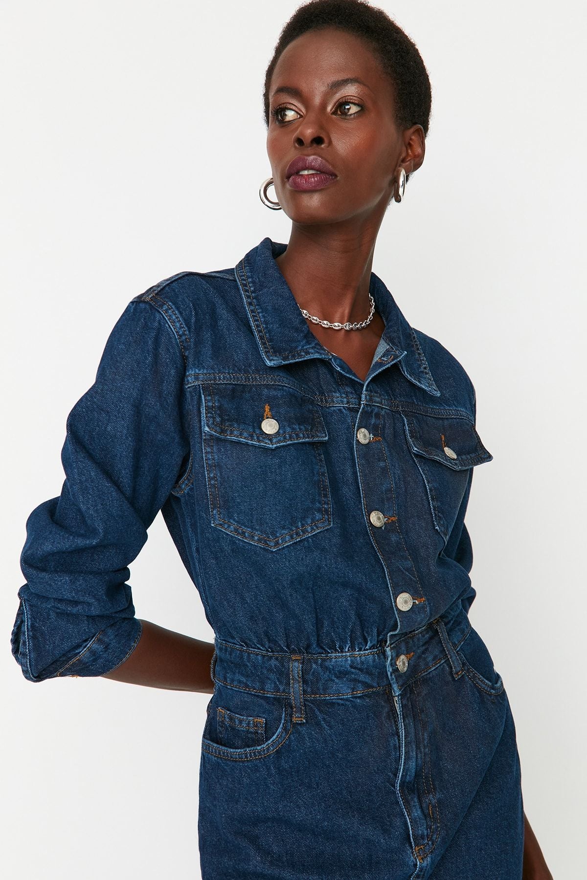 Blue Pocket Detailed Mini Denim Shirt Dress