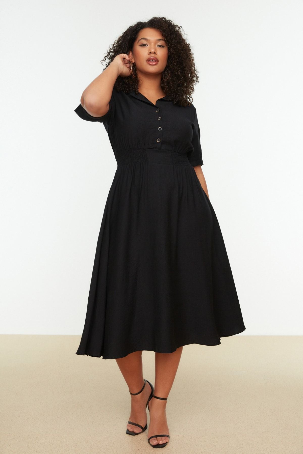 Curve Black Gipe and Button Detail Midi Woven Plus Size Dress
