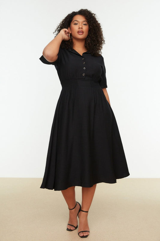 Curve Black Gipe and Button Detail Midi Woven Plus Size Dress