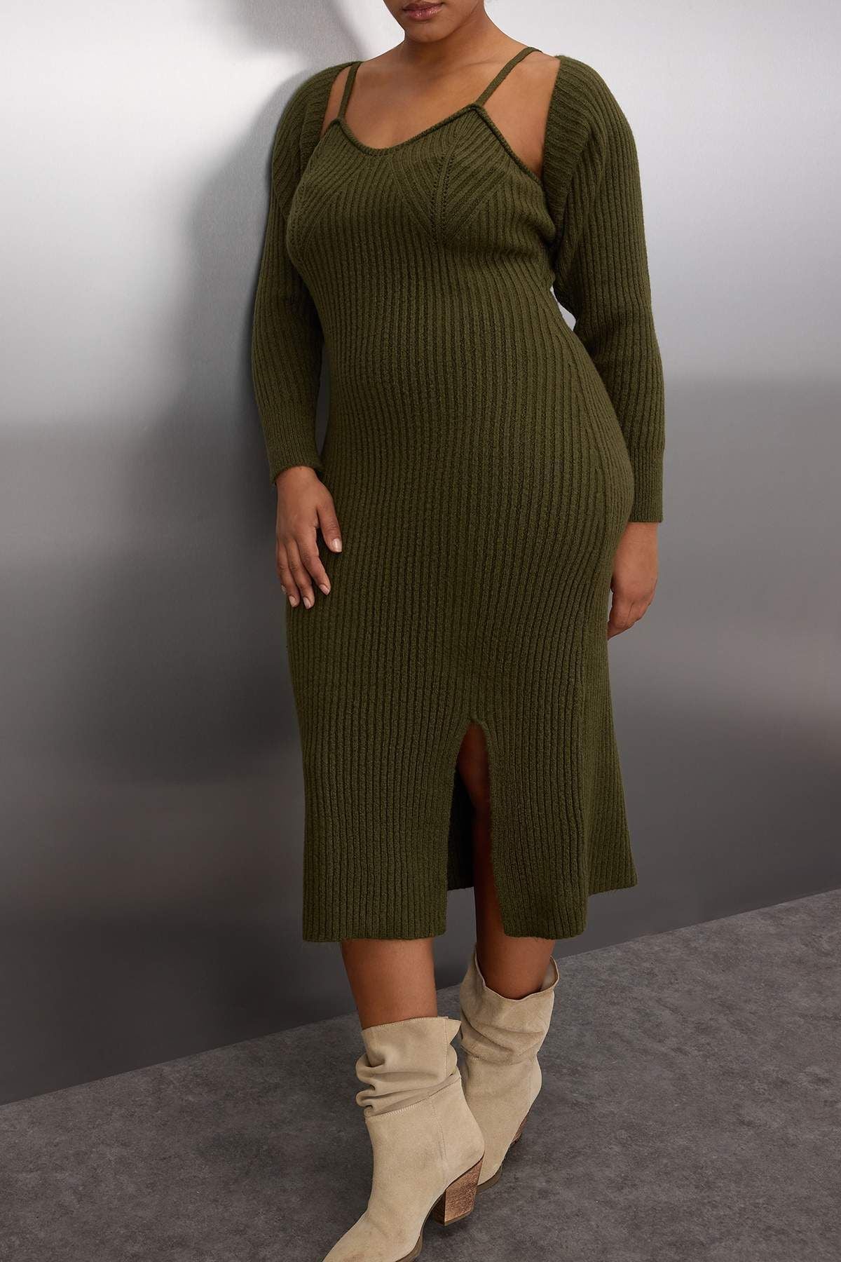 Curve Ribbed Slit Midi Knit Dress & Bolero Set